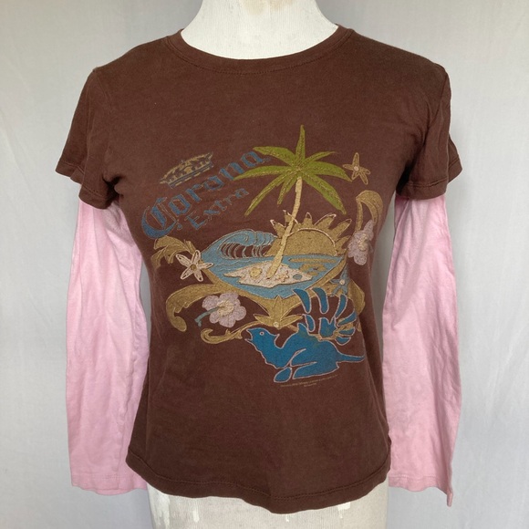 Corona extra y2k beach graphic baby tee silhouette with attached sleeve’s top - Picture 1 of 4